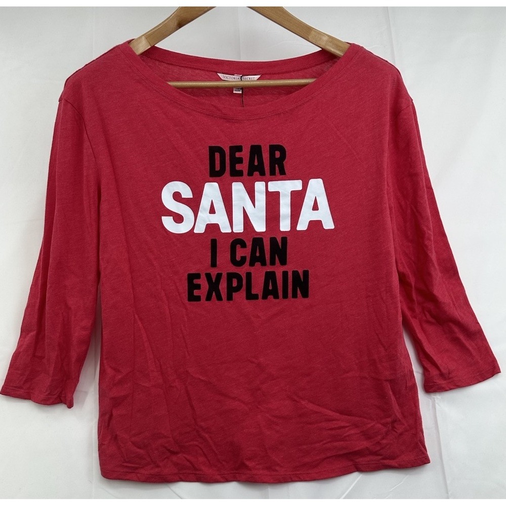 Victorias Secret Womens Size M "Dear Santa I Can Explain" 3/4 Sleeve Top Red